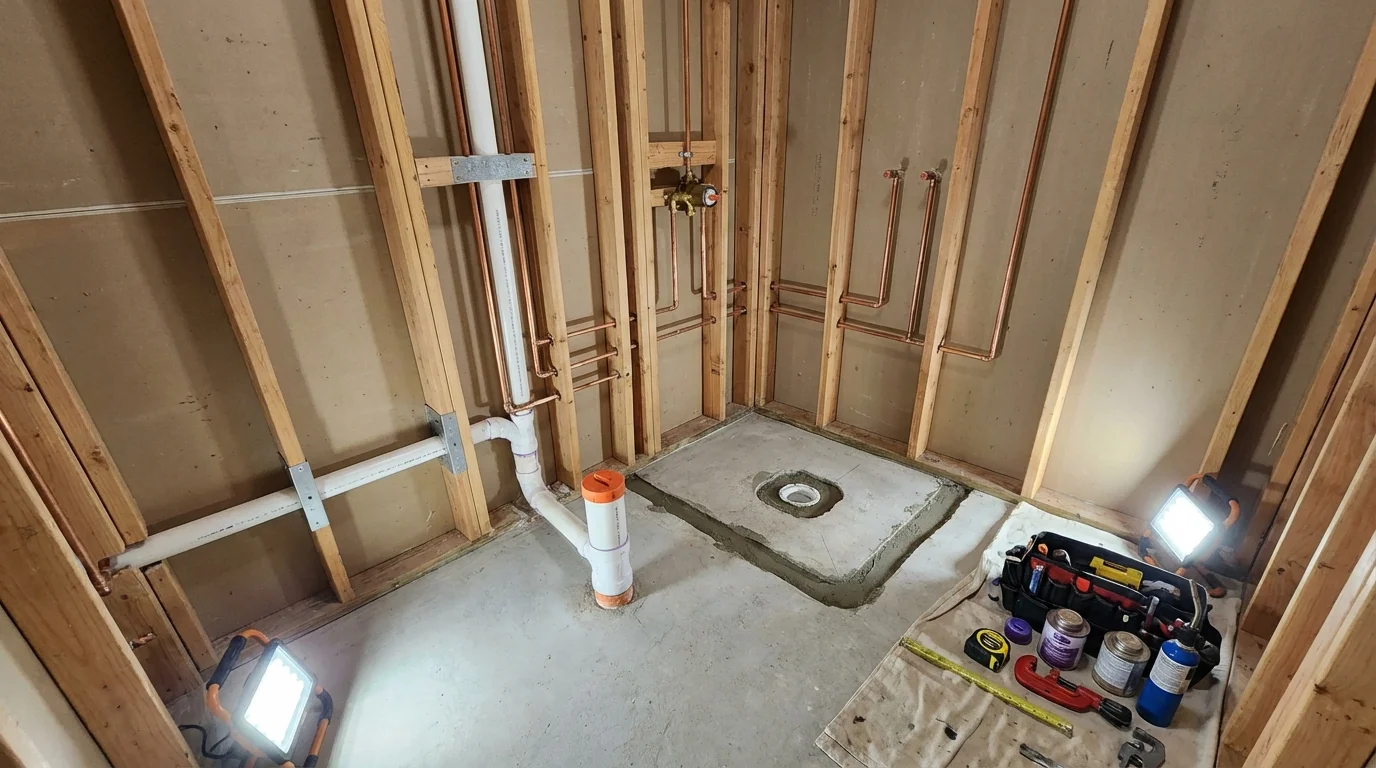Bathroom rough-in plumbing during remodel by Johns Plumbing LLC in Otisville