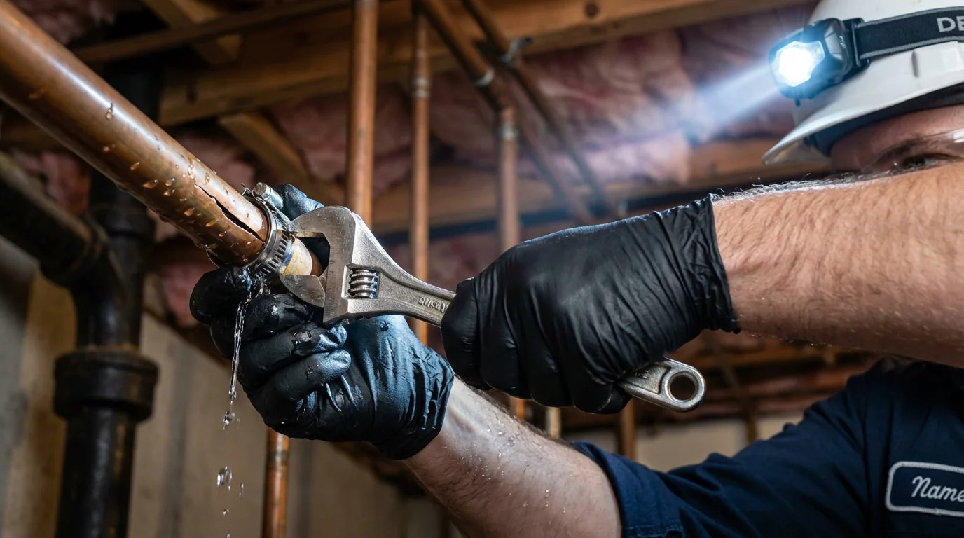 Emergency pipe clamp repair being performed by a Johns Plumbing LLC plumber in Otisville