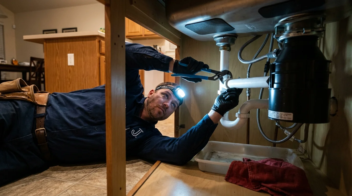 P-trap and supply line connections under a kitchen sink showing a common leak point in Otisville, NY
